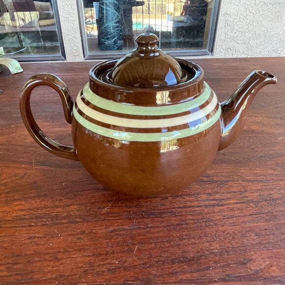 Mid Century Ridgeway England Brown Glaze Striped Redware Teapot - Picture 3 of 8